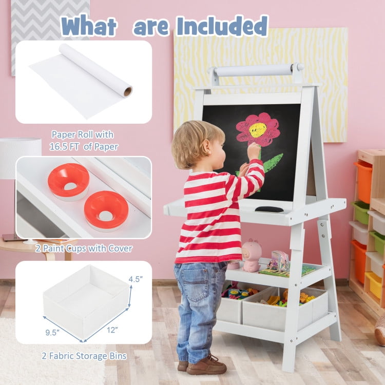 Barara King Kid's Art Easel with Drawing Board, Drawing Easel with Paper Roll, 3-in-1 Double-Sided Storage Art Easel for Study Room, Home Office, Living Room, White