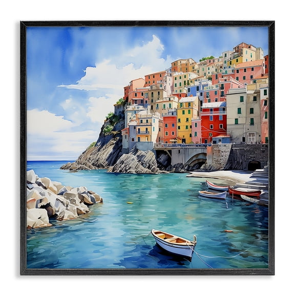 Stupell Industries Traditional Cinque Terre Port Black Framed Giclee Art, 24 x 24, by LSR Design Studio
