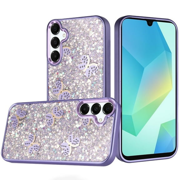 For Samsung A16 5G Cute Butterfly Ornaments Diamonds Shimmer Matching Metallic HQ Hybrid - Dark Purple