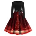 thumbnail image 2 of Christmas Dresses for Women Women's Christmas Printed Round Neck Big Hem Skirt Pleated Skirt Long Sleeved Dress with Christmas Tree Print for Holiday Party,Red,L, 2 of 5
