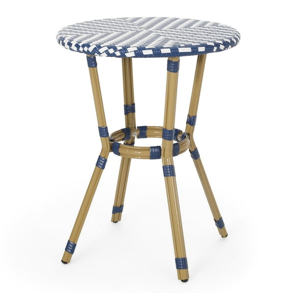 GDF Studio Deshler Outdoor Aluminum and Wicker French Bistro Table, Navy Blue, White, and Bamboo Finish