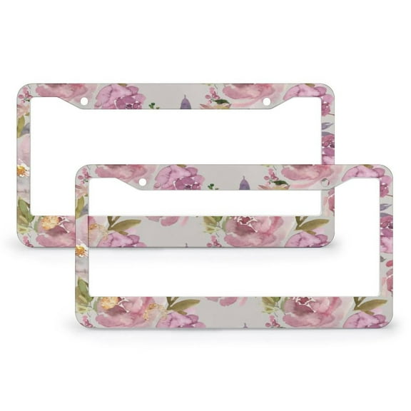 Floral Mauve Pink Roses License Plate Frames - 2 Pack Metal Tag Frame Car Plate Holder Cover For Men Car Plate Holder Cover Aluminum Car Front Rear Plate Decor