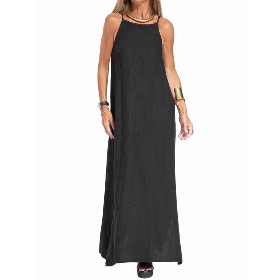 Women's Dress Summer Loose Flowy Sundress Spaghetti Strap Sleeveless Maxi Long Dresses Black S