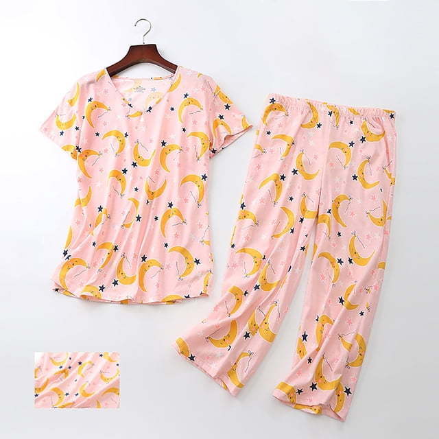 Kelon Ensembles de Pyjama pour Femmes en Solde Femme Pyjamas Mélangés Ensemble de Pyjama en Coton pour Femmes Mignon Ensemble 2 Pcs Confortable d'Été Col en V T-Shirt à Manches Courtes Capri Tenue de Nuit