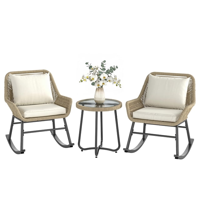 Outsunny 3 Pieces Wicker Patio Furniture Rocking Bistro Set with Cushions