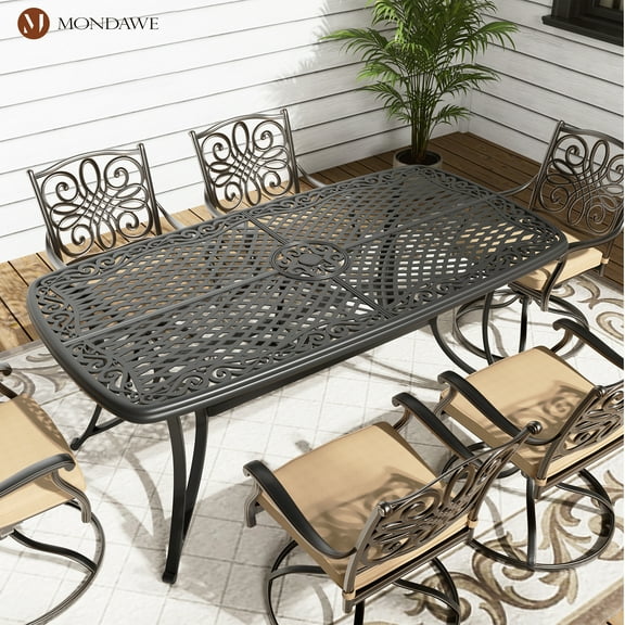 Mondawe 73"*39" Patio Dining Table Rectangular Round Corner Cast Aluminum Dining Table with 2.1" Umbrella Hole