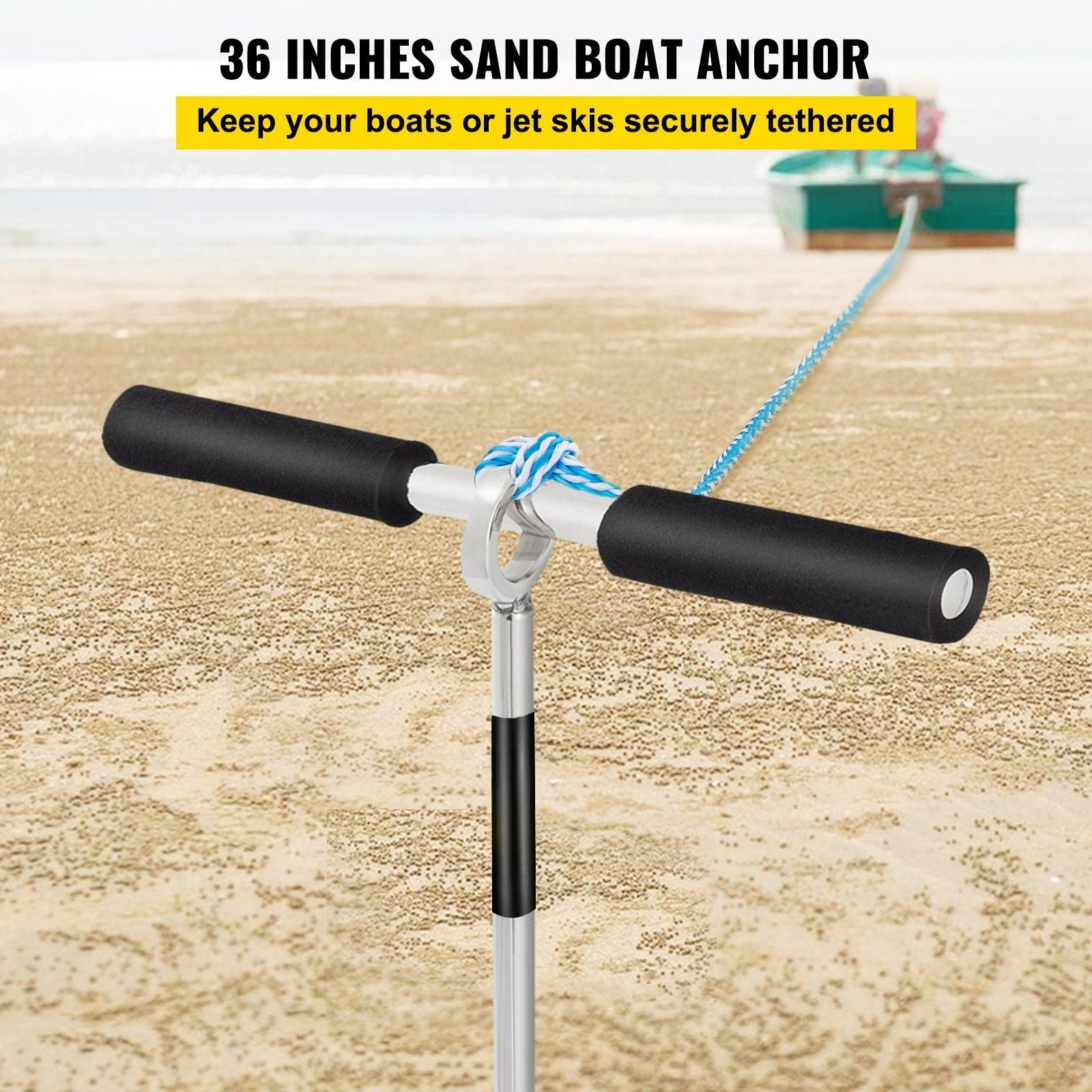 36" Stainless Steel Sand Screw Anchor, 316 Marine-Grade Auger with Removable Torque Handle & Bungee Tether, for Jet Ski Beach Parking, PWC Sandbar Mooring and Kayak/Pontoon Shore Anchoring