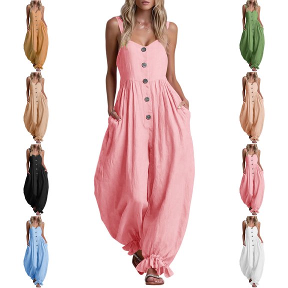 MLCDZ Jumpsuits For Women Boho Sleeveless Square Neck Button Front Rompers Casual Loose Breathable Balloon Leg Ruffle Hem Overalls With Pockets