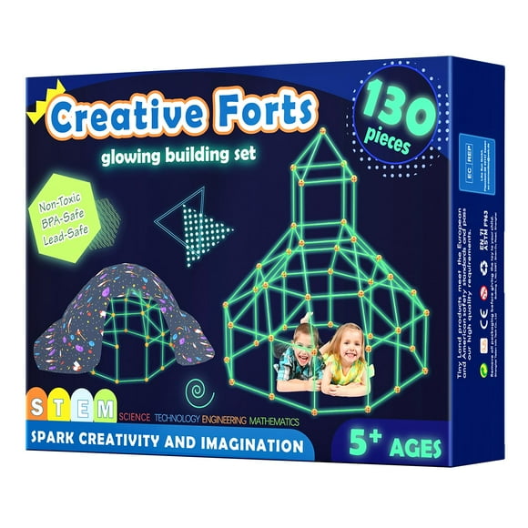 Tiny Land Fort Building Kit for Kids 130 Pcs Glow in The Dark Kids Fort Building Toys for 5,6,7 8,9,10 Years Old Boy & Girls Kids Gifts Toys for Age 5-10, STEM Toys Tunnels Play Tent I