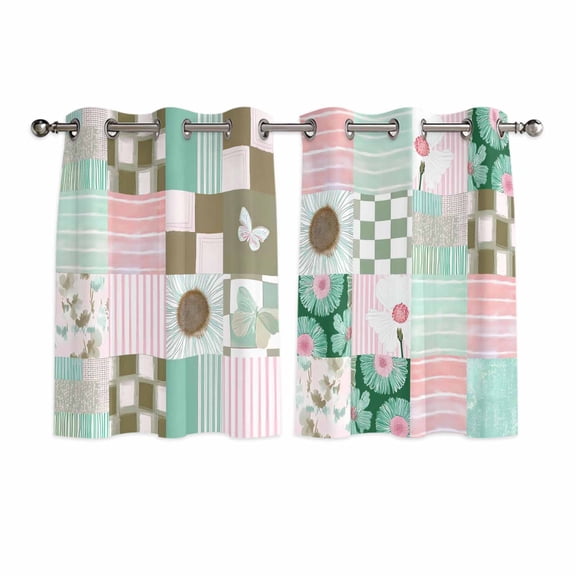 Spring Floral Checkered Kitchen Curtains Window Panels, Turquoise Pink Buffalo Plaid Insulated Window Treatment Curtain, Grommet Curtains for Bedroom/Living Room/Bathroom, 2 Piece 42"Wx54"L