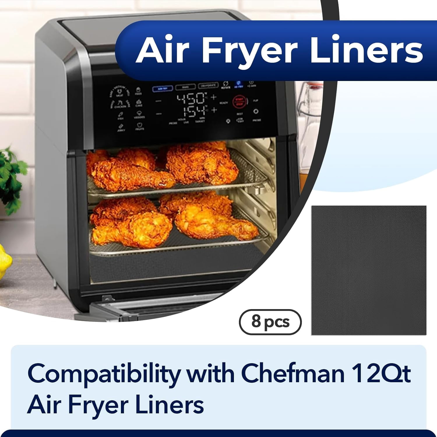 JJEAN-8PCS 12QT Heat Resistant Baking Mat for Chefman, Reusable 12QT Air Fryer Liners