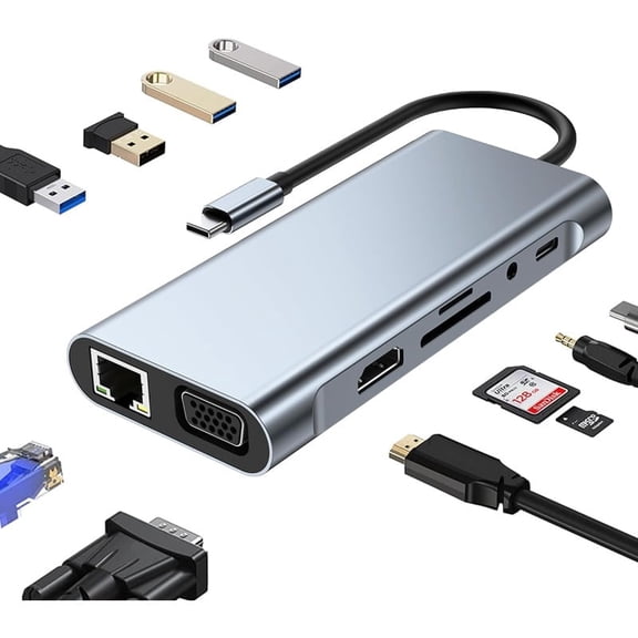 USB C Multiport Hub, 11 in 1 Docking Station with 4K HD, VGA, 1000 RJ45 Ethernet, PD Charging, USB 3.0/2.0, SD/TF Card, Universal Hub, Compatible with MacBook, Dell, Lenovo Surface Laptops
