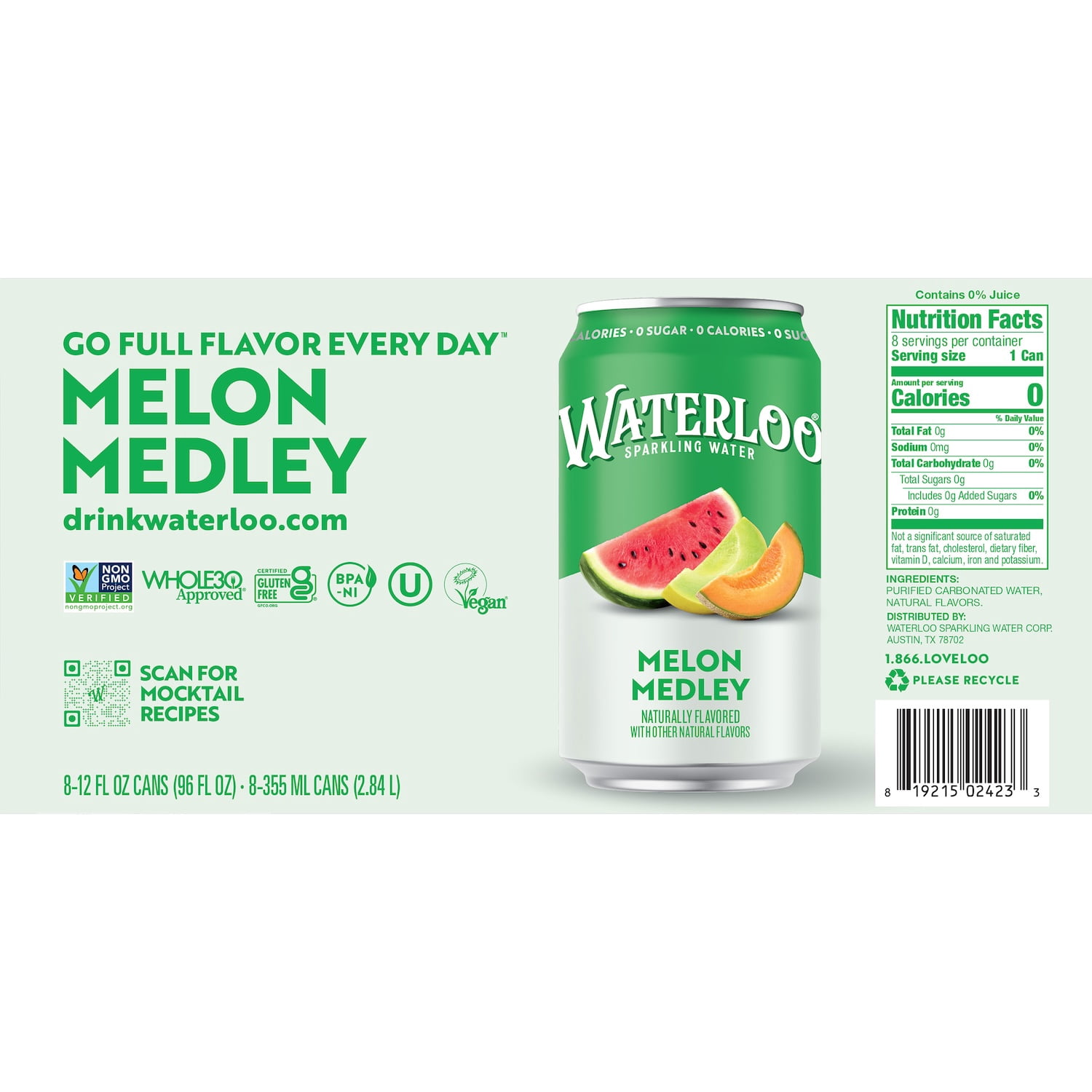 (3 pack) Waterloo Sparkling Water, Melon Medley, 12 fl oz, 8 Pack Cans