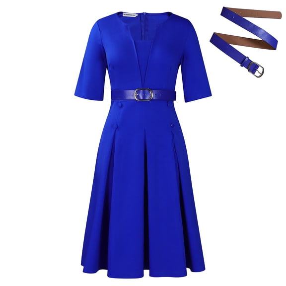 AURA Plus Size A Line Midi Dress Solid Color Round Neck Three Quarter Sleeve With Belt S XXXL