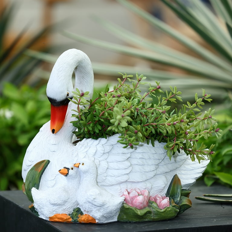 LuxenHome Outdoor White Resin Swan Family Planter with Pink