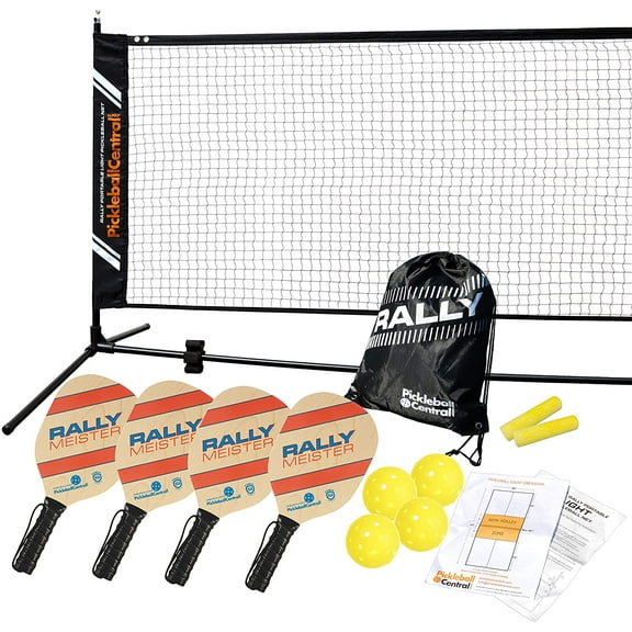 Rally Meister Complete Beginner Pickleball Set with Portable Pickleball Net (Net   4 Paddles   4 Pickleballs   Drawstring Bag   Rules/Strategy Guide   Line Chalk)