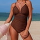 thumbnail image 4 of Mujeres Más Tamaño Trajes de Baño Sólido Cuello en V sin Mangas Bikini, Empuje-Up Acolchado Traje de Baño Romper con Cintura Encochada, 4 of 9