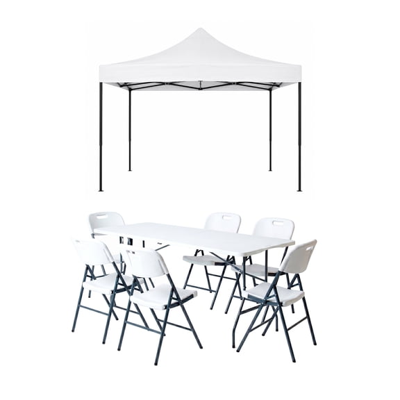 Combo de Mesa y 6 Sillas Plegables con Toldo Blanco Impermeable
