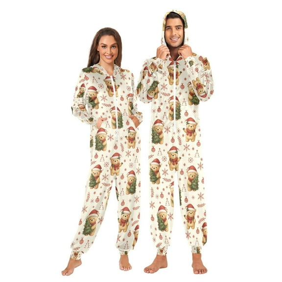 Adult Christmas Onesie Christmas Tree Bear Adult Zipper One-Piece Pajamas Unisex Pajamas with Pockets