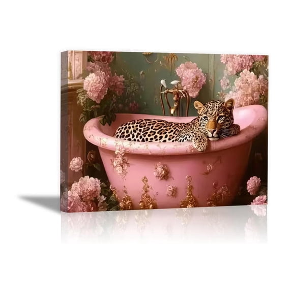 Mudket Leopard in Pink Bathtub with Peony Flowers Canvas Wall Art, Funny Bathroom Glam Wall Decor Pictures Waterproof Print for Bathroom Bedroom Home Decor , Framed Ready to Hang - 12"L x 8"W