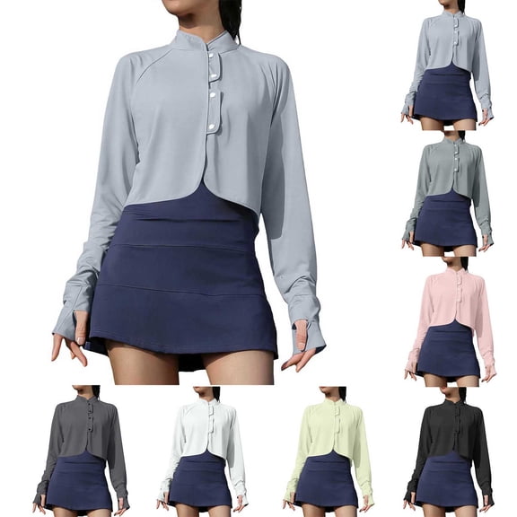 XPMWRP Womens Mandarin Collar Partial Placket Cropped Long Sleeve Sun Protection Athletic Shirt With Thumb Hole Cuffs Green Free Size