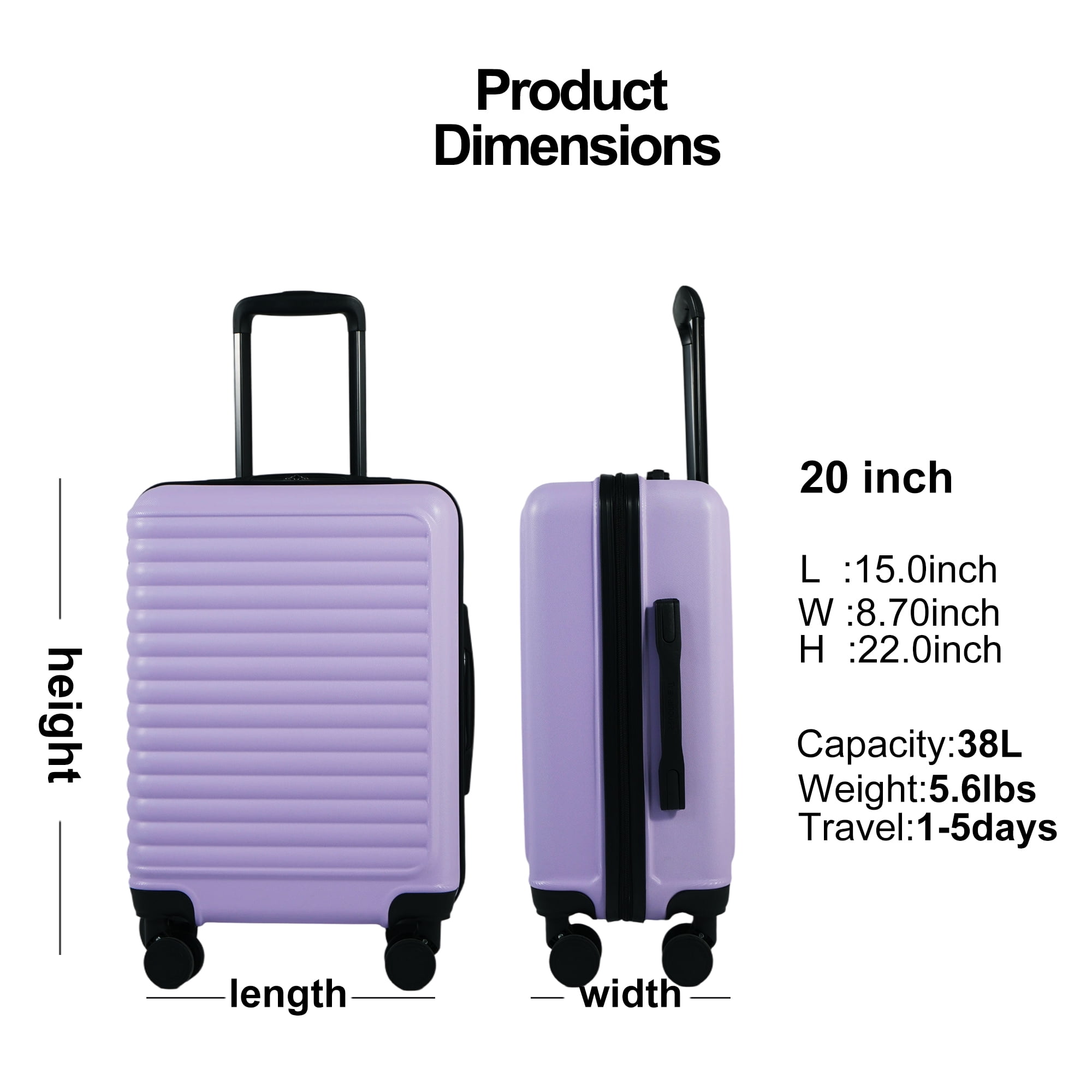Travelhouse 20" Underseat Hard-Sided Carry-On Luggage, Spinner Wheels, ABS,Light Purple