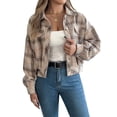 thumbnail image 3 of Women'S Long Sleeve Cropped Flannel Plaid Shacket Button Down Plaid Crop Short Jacket Coat Color S, 3 of 10