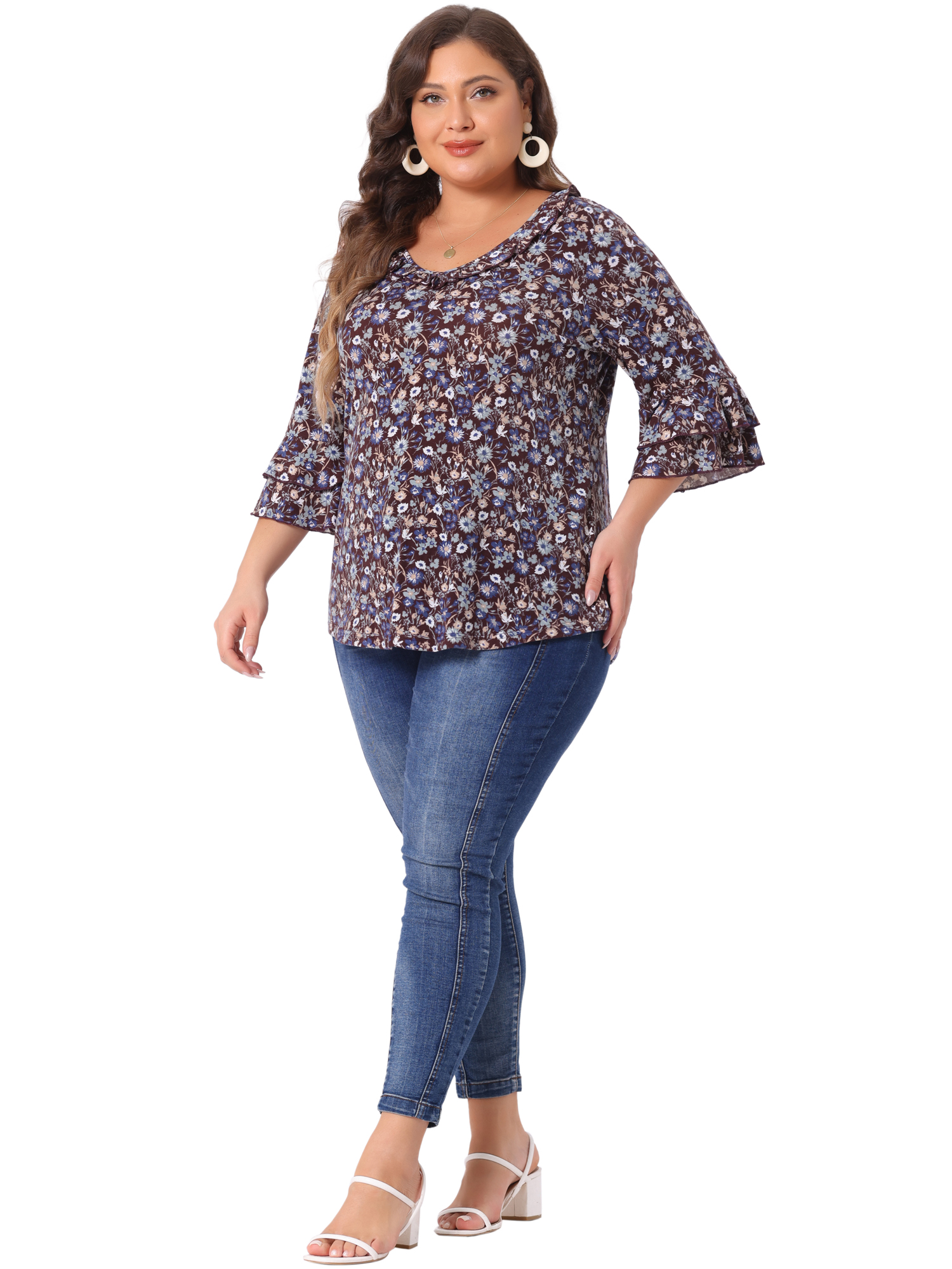 DARING DIVA Women's Plus Floral V Neck Tiered Ruffle Bell Sleeve Blouse 4X Red Brown