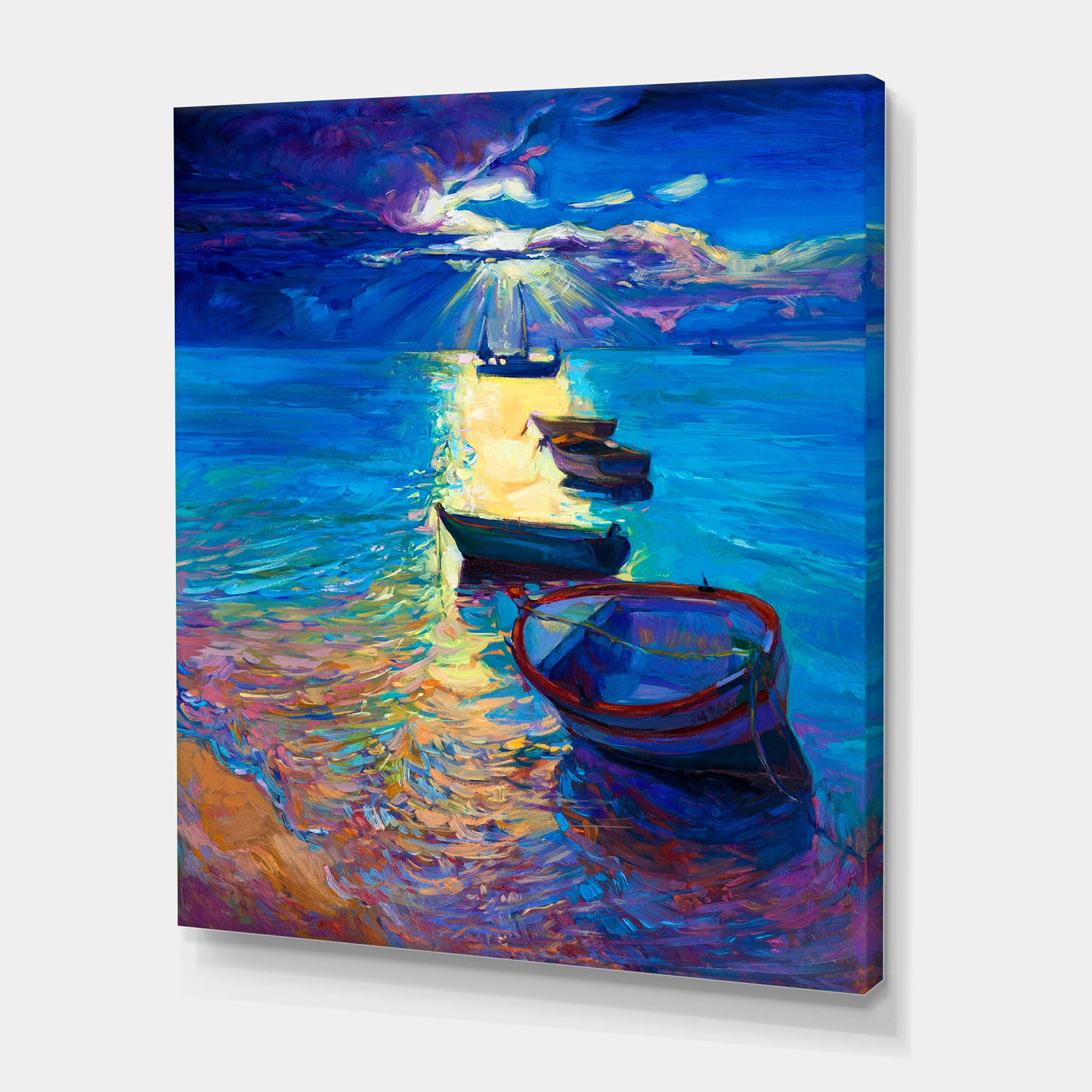 Designart ' Fishing Boats On The Water With Dark Blue Sky Illustration ' Lake House Canvas Wall Art Print