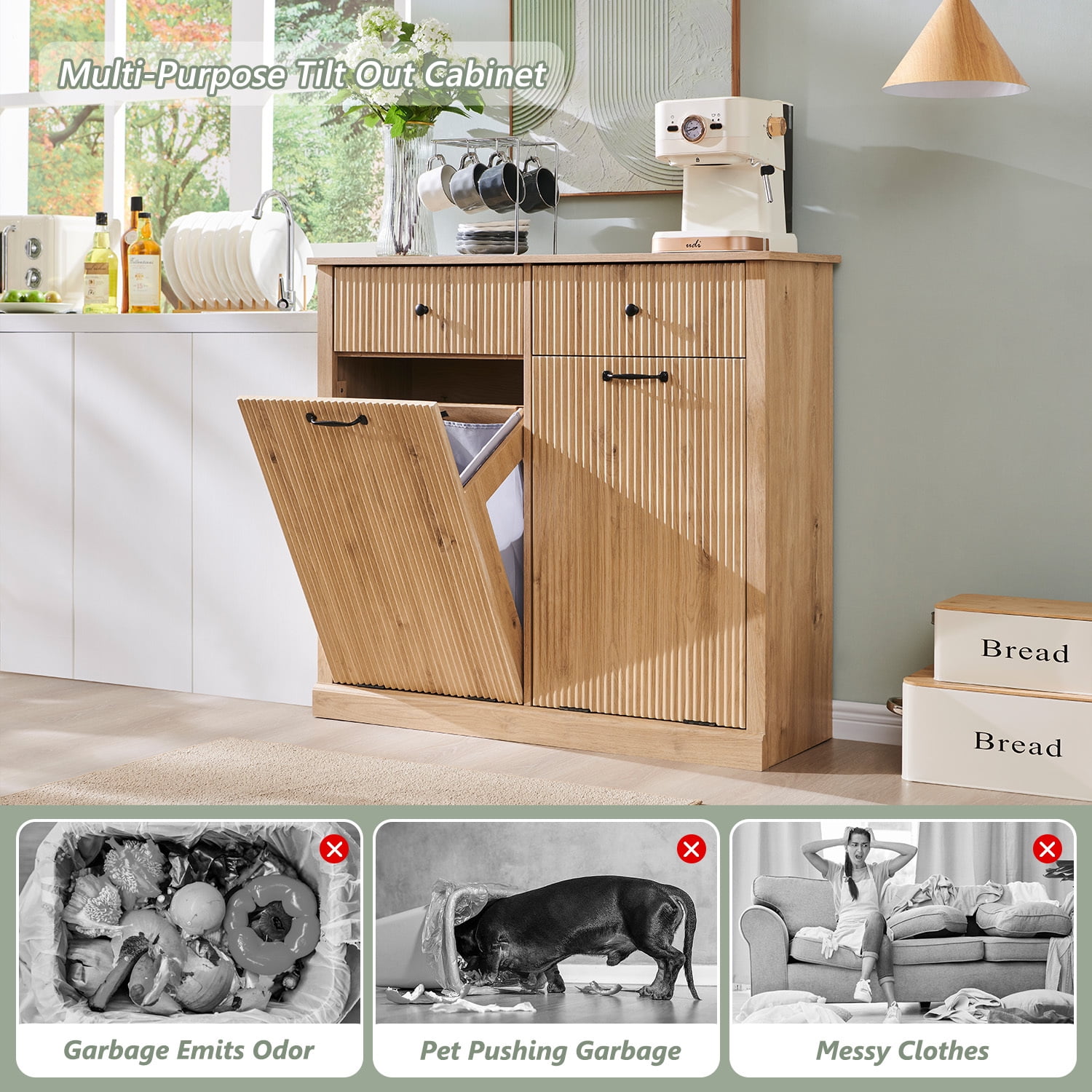 20 Gallon Tilt-Out Trash Can Cabinet, Modern Laundry Hamper Cabinet with Drawers, Hidden Garbage Can Cabinet for Kitchen and Living Room