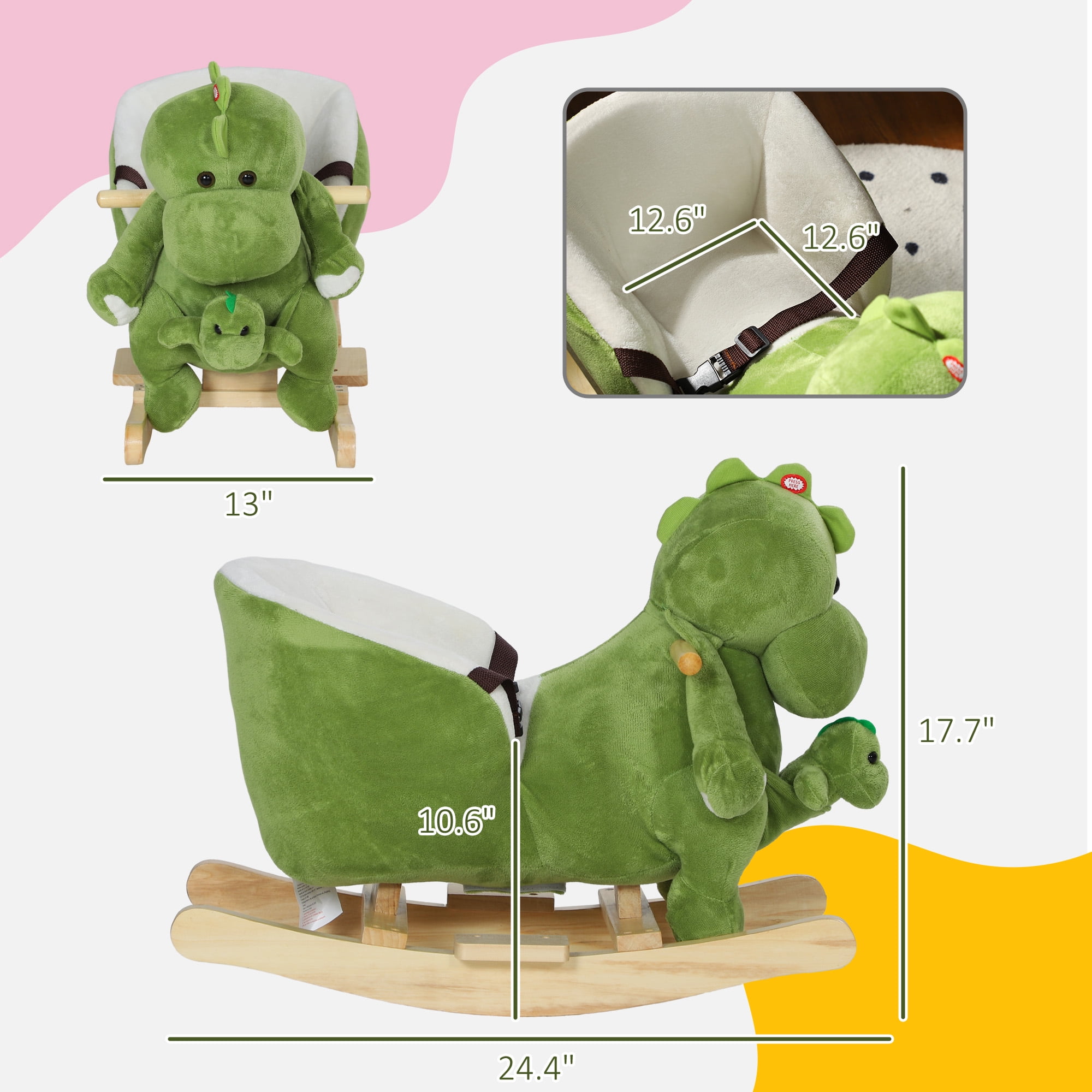 Qaba Baby Rocking Horse, Toddler Plush Dinosaur Animal Rocker with Seat Belt, 32 Songs, Hand Puppet, Rocking Chair for 18-36 Months, Green