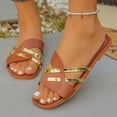 thumbnail image 2 of Women's Metallic Trim Flat Slide Sandals Wide Width Open Toe Summer Casual Slides Soft Comfort Sole Lightweight Beach Shoes Non Slip Outdoor Daily Slippers, 2 of 10