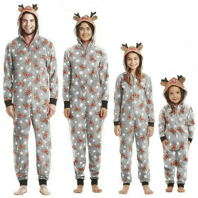 Pyjama une-Pièce à Capuchon Assorti pour la Famille de Noël, Renne, Combinaison à Fermeture Éclair, Pjs pour Adultes, Enfants, Bébé
