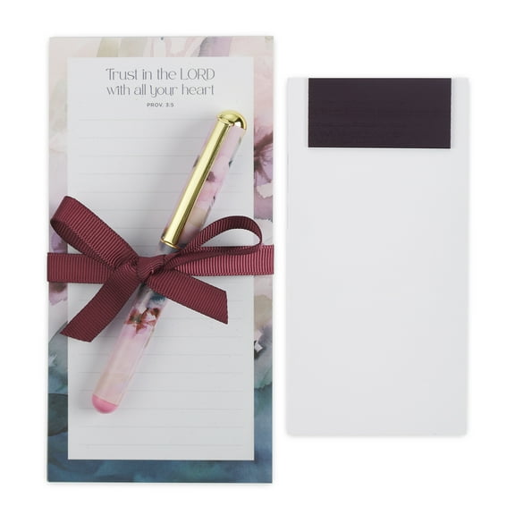 Christian Art Gifts Compact Magnetic Notepad & Medium Ballpoint Pen Set: Trust in the Lord Inspirational Scripture, Shopping Lists, Memos, Reminders, 70 Lined Easy Tear-off Sheets, Purple/Teal Floral