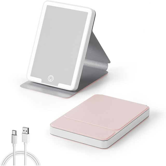 Kintion Rechargeable Pocket Mirror, 4.6"*2.95"LED Compact Travel Makeup Mirror, 3 Colors Touch Dimmable Mini Small Mirror, Handheld, PU Leather, for Women Gift, Pink