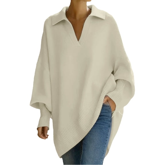 CUSTG Woman Sweater Oversized Long Sleeve Solid Color Turndown Collar Loose Fit Comfortable Fall Winter Casual Knitwear