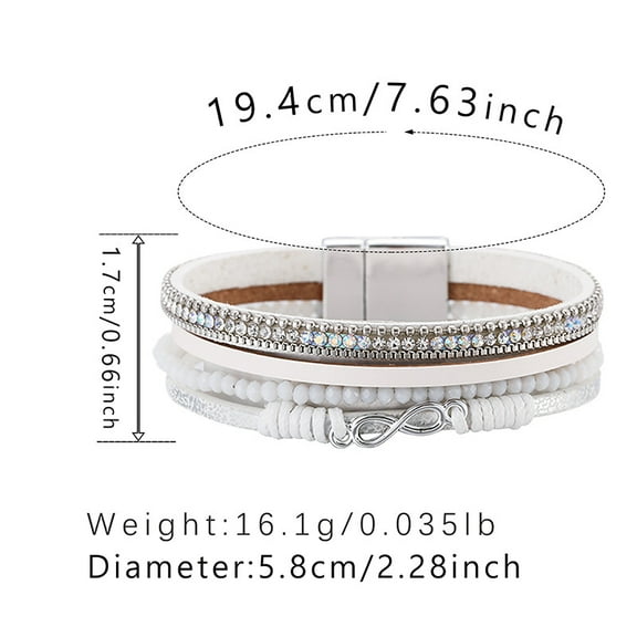 Bohemian PU Imitation Leather Multi-strand Bracelets Infinity Link Bracelets with Alloy Magnetic Clasp White 7-5/8 inch(19.4cm) 17mm