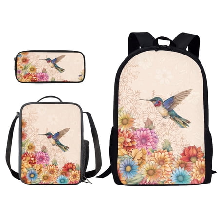 Kuiaobaty Hummingbird Daisy Pattern Backpack Bookbag for Elementary School Girls Middle High School Bag with Lunch Box Pencil Case 3 In 1 Book Bag Set Kids Child for Daycare