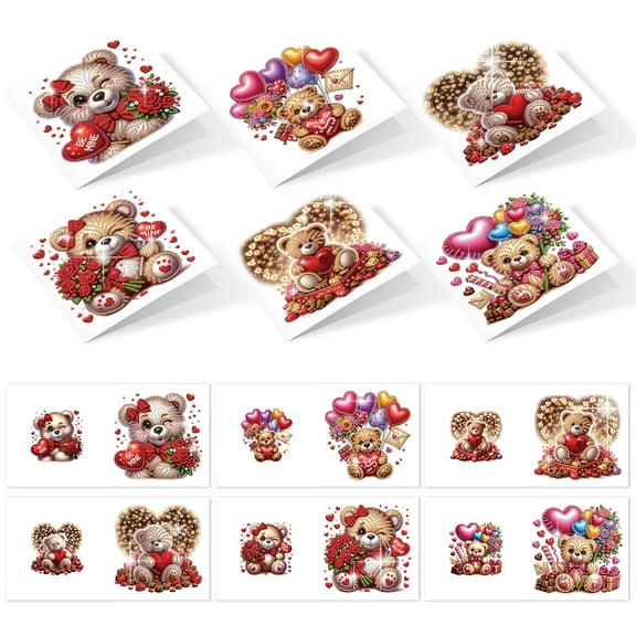 6pcs Diamond Painting Kit Greeting Cards, Heart Bear Design 5D Handmade Art Birthday Holiday Cards with Envelopes, Christmas Gift