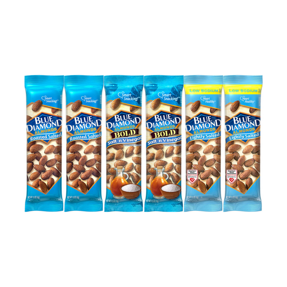 Variety Pack Blue Diamond Almonds - 6 Pack of 1.5 oz Bags with 3 Flavors - Roasted Salted, Salt 'n Vinegar, and Lightly Salted - Convenient On-the-Go Snack Pack - Healthy and Delicious Almond Snack