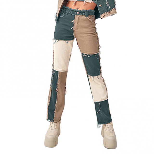 Women's High-Waisted Wide-Leg Patchwork Jeans with Detachable Belt, Blue