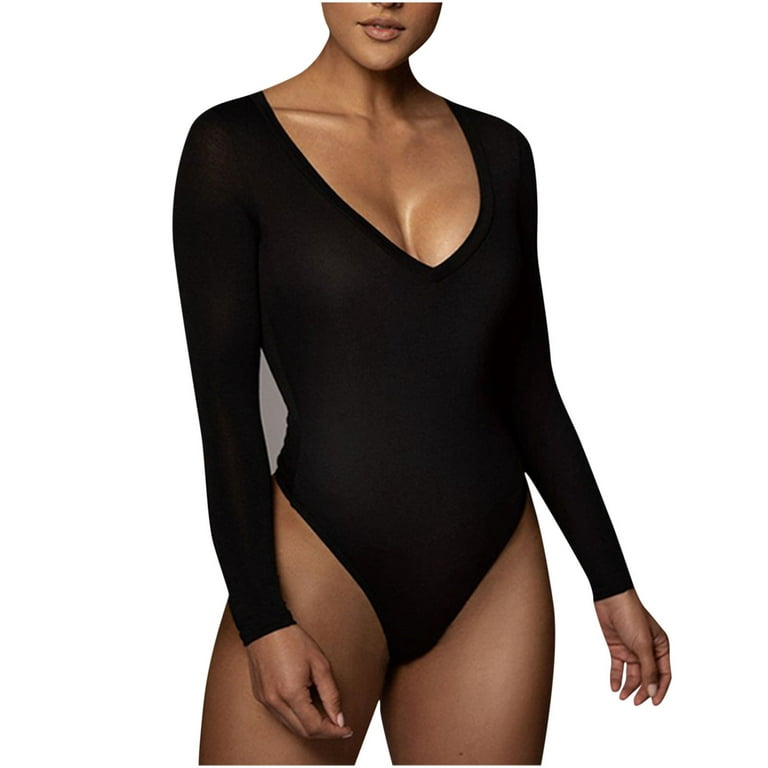 Long Sleeves Bodysuit for Women Seamless Sexy Deep V Neck Slimming Thong  Shapewear Soft Comfy Solid Tight Jumpsuit 