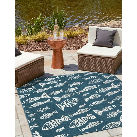 Unique Loom Outdoor Coastal Collection Area Rug - Whish (7' 10" Square Blue/Ivory)