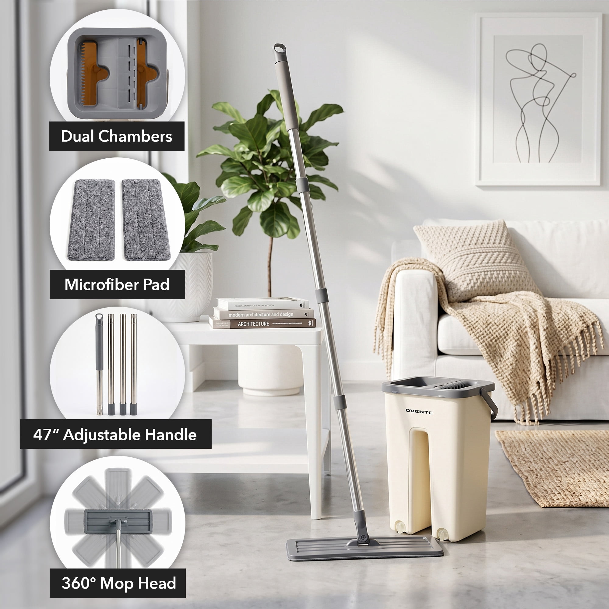 OVENTE Mop and Bucket Wringer Set, Washable Microfiber Pad, Beige MBP32BGG | 360° Rotating Head, Hands-Free Self-Cleaning Flat Floor Mop, Home Cleaner for Smooth Wall, Hardwood, Tile, Glass & More