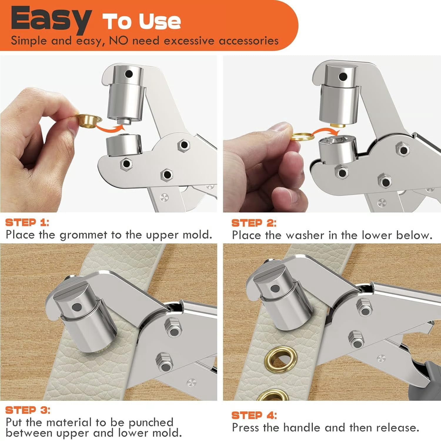 Professional Grommets Kit, Heavy-Duty Grommet Puncher Tool,Eyelet Plier Set with 3/8 in 10mm Grommets, Handheld Metal Grommets Kit for Fabric Tarps Leather (Tool+100Grommets (50Gold, 50Silver))