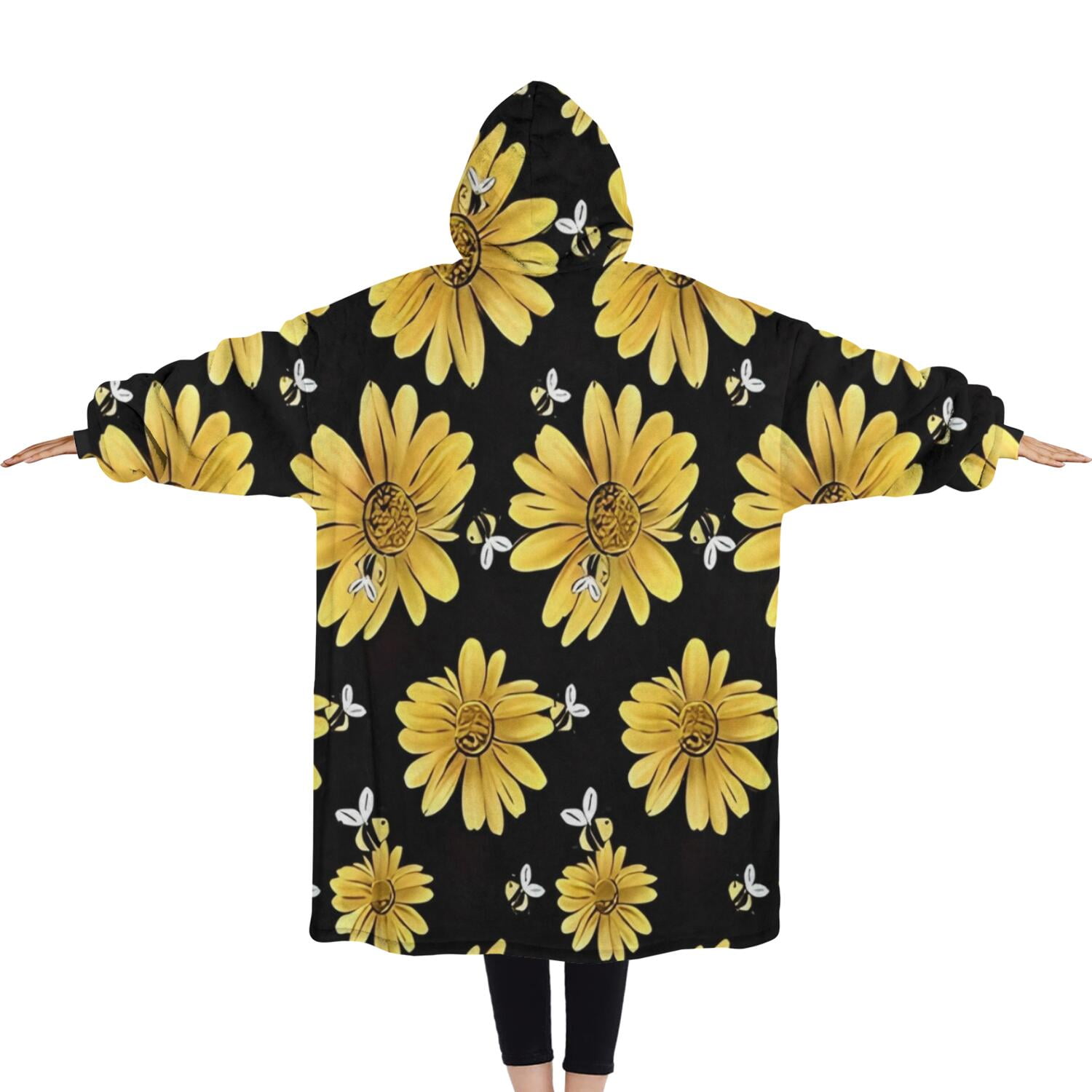 Oversized Wearable Blanket Hoodie,Black Bee Yellow Flower Pattern Sherpa Blanket Hoodie with Super Pockets,Super Warm Fuzzy Pullover for Women & Men