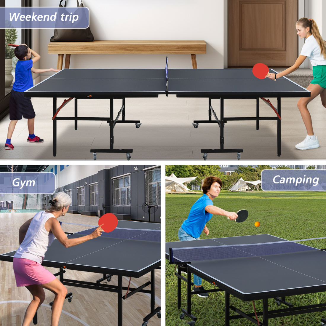Double Fish 9 Foot Folding Table Tennis Table With 2 Paddles 3 Balls And Net Set Rollable Design With 8 Wheels For Easy Transport And Storage