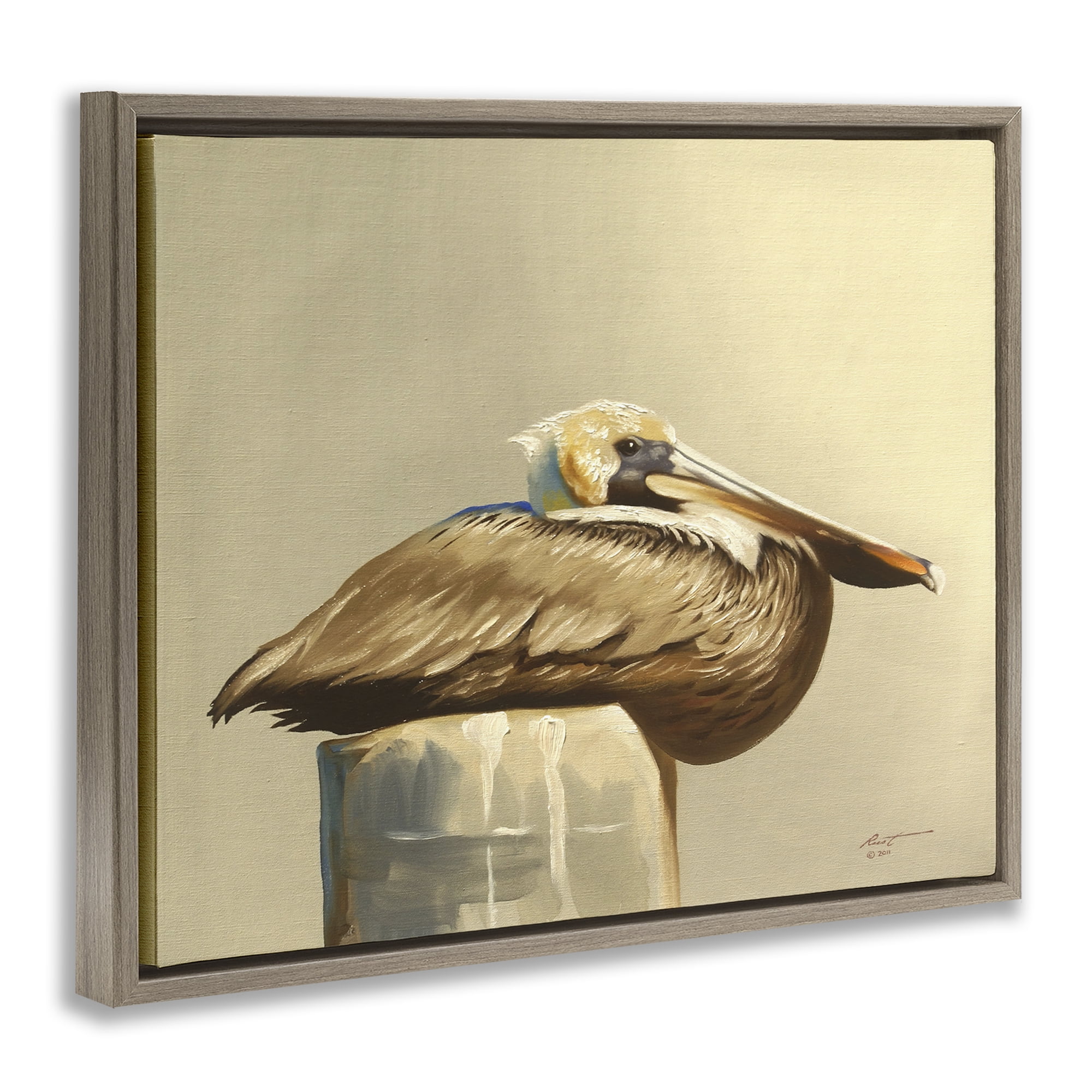 Stupell Industries Pelican Resting on Dock Animals & Insects Painting Brown Floater Framed Canvas Art Print Wall Art, 31 x 25
