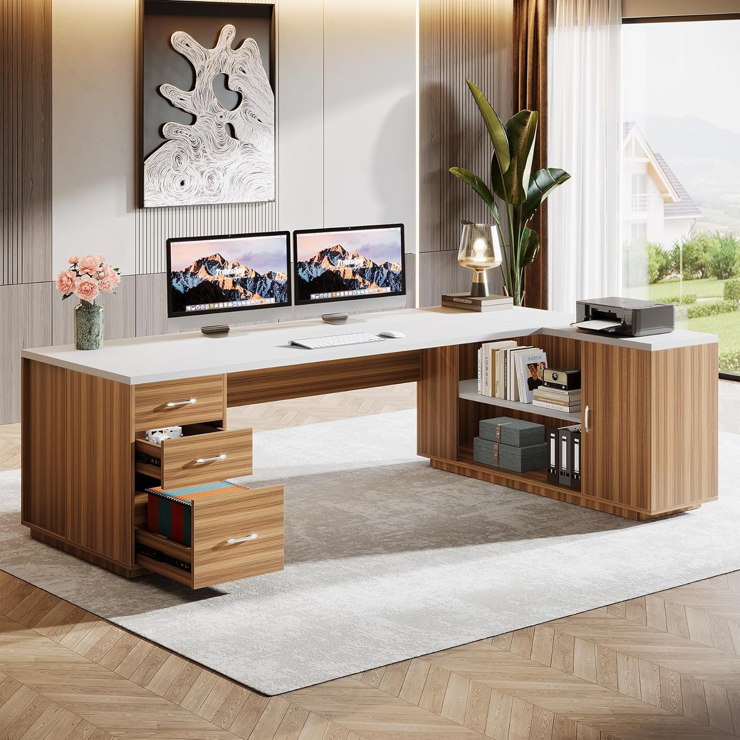 Tribesigns 85.8" L-Shaped Executive Desk, Extra Large Office Desk with File Drawers, Modern Business Furniture with Door Cabinet, Shelves for Home Office, White & Brown