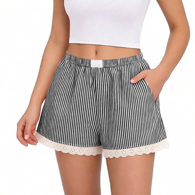 TaTaai Women's Spring Summer Cute Striped Lace Splice Elastic Waist Short Pants Comfortable Soft Home Sleep Lounge Shorts with Pockets Casual Daily Wear Gift